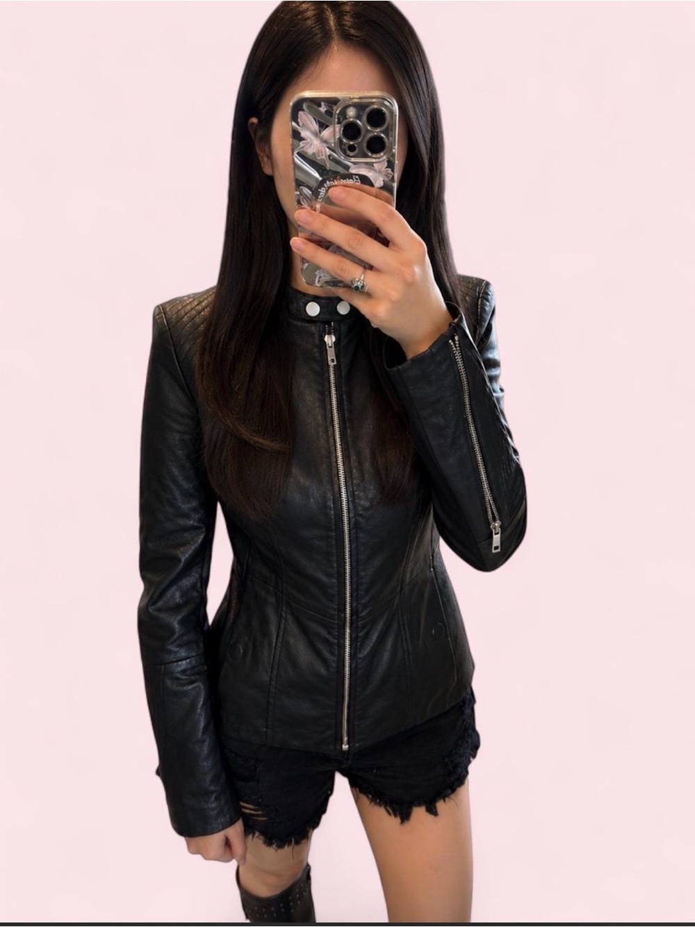 NOWT Genuine Leather Fitted Moto Jacket Black Excellent Condition